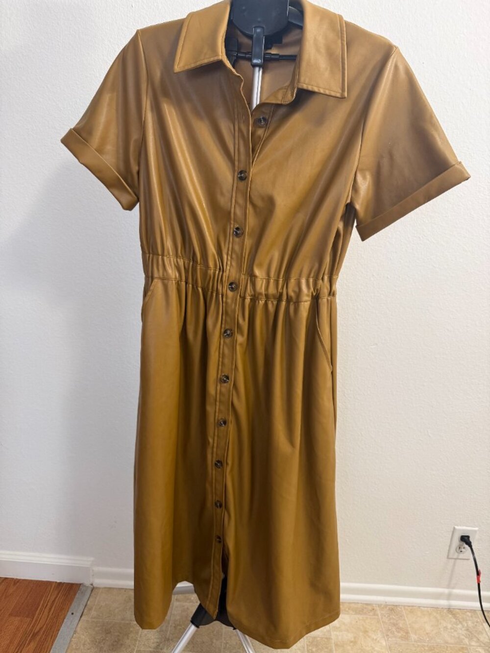 Who What Wear Faux Leather Button-Down Midi Dress — Olive/Tan (Size Medium)